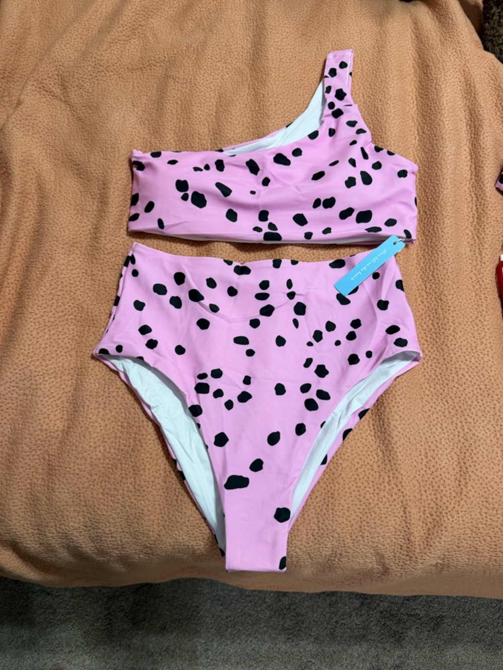 Pink One-Shoulder High-Waist Bikini with Black Spot Print